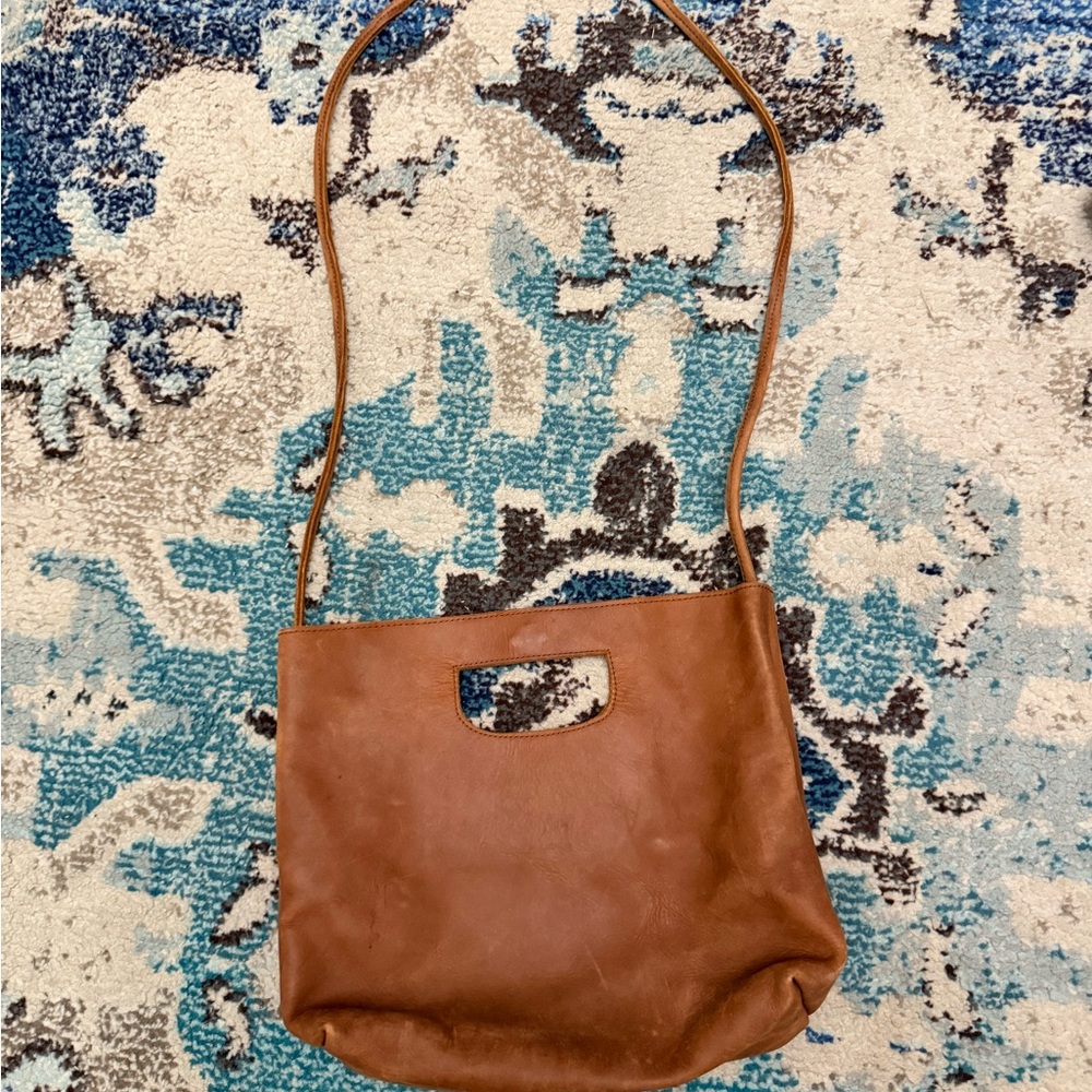 Able Brown Leather Bag with Blue Pattern Accent